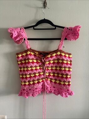 Strut & Bolt Crochet Tie-Front Crop Top in Pink & Brown L NWT